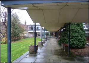 Walkway from the Art Studio (background) to the Dining Hall entrance (c. 2005)