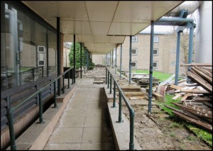 Walkway to Dining Hall. Boiler House on the left.