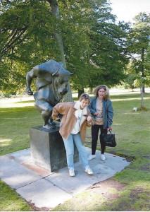 Sue Boardman and Margy Bolderson (nee Andrews) next to the Minotaur sculpture.